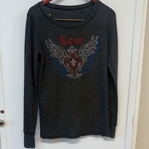 Women USA Dark Gray Long Sleeve Tee with Rhinestone 'Love' Wing Design